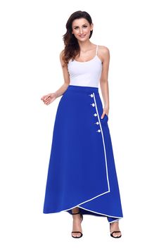 Royal Blue Piped Button Embellished High Waist Maxi Skirt Chic Blue A-line Maxi Skirt, Asymmetrical Button Skirt For Spring, Spring Asymmetrical Buttoned Skirt, Spring Asymmetrical Skirt With Buttons, Blue Buttoned Skirt For Spring, Blue Buttoned Skirt, Blue High-waisted Skirt With Button Closure, High Waist Blue Skirt With Button Closure, Blue Midi Skirt With Button Closure