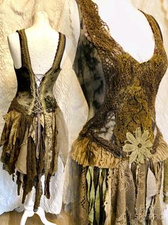 Excited to share this item from my #etsy shop: Unique Boho Wedding dress in dark green and sand ,alternative beach wedding dress , womens clothing Raw Rags Green Shredded Dress, Wood Nymph Dress, Woodsy Dress, Burned Clothes, Jungle Clothes, Forest Dresses, Ragged Clothes, Witch Burning, Tattered Dress