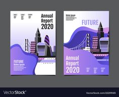 two covers for the annual report with cityscape and skyscrapers in purple tones