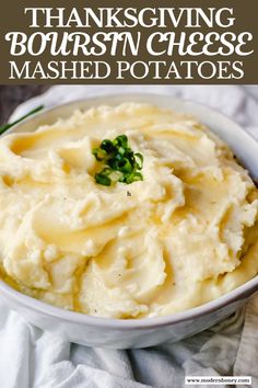 mashed potatoes in a white bowl with text overlay thanksgiving borsn cheese mashed potatoes