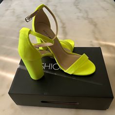 Fashion Nova Brand Neon Heels, Brand New Never Worn Size 9 Green Block Heel Sandals For Night Out, Chic Green High Heel Block Heels, Yellow Medium Width Heels For Party, Chic Green Block Heels For Party, Fashion Nova Heels, Neon Heels, Fashion Nova Shoes, Shoes Fashion, Shoes Women Heels