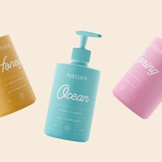 three different types of hand sanitizers on a beige and blue background with the words, pureskin ocean