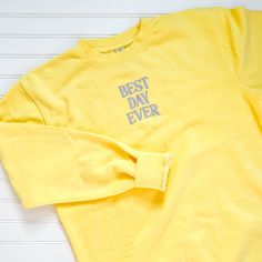 ✧ Best Day Ever ✧ Our vintage pigment-dyed sweatshirts are so comfy and lightweight, you won't want to take it off and you'll have it for years! Now in a spring yellow color, this crewneck is embroidered so you can wear the magic wherever you are, any day. This sweatshirt has an oversized fit. Model is 5'5" and wearing a size medium. Features 80% ring spun cotton, 20% polyester blend 100% cotton 30 singles face yarn split stitch double needle sewing on all seams Oversized unisex fit Allow for sl Oversized Yellow Crew Neck Sweatshirt, Relaxed Fit Yellow Sweatshirt For Spring, Soft-washed Cotton Sweats For Spring, Spring Soft-washed Cotton Sweats, Spring Washed Crew Sweatshirt, Spring Washed Crew Neck Sweatshirt, Spring Crew Neck Soft-washed Sweatshirt, Soft-washed Crew Neck Sweatshirt For Spring, Spring Soft-washed Crew Neck Sweatshirt