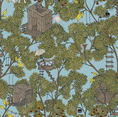 a blue wallpaper with trees and birds in the background, including a birdhouse