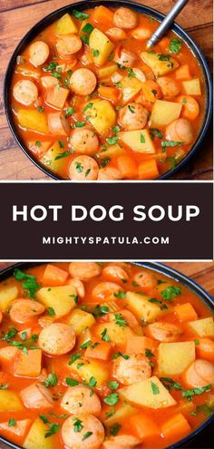 two pictures showing different types of food in the same bowl, one with potatoes and carrots