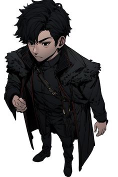 an anime character with black hair, wearing a coat and holding a knife in his hand