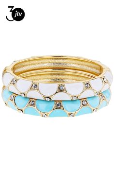 Off Park �� Collection, White Crystal with White and Turquoise Color Enamel Gold Tone Set of 2 Bangle Bracelets. Each one measures approximately 7.25"L x .44"W. Together they measure .87"W. No closure. Hinged. No Closure, Crystal White, White Crystal, Gold Enamel, Turquoise Color, Bangle Bracelets, Gold Tones, Bangles, Turquoise