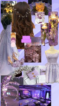 a collage of photos with purple and white theme