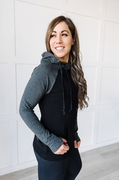 This is the perfect all-year sweatshirt, from cool summer nights to winter workouts, this hoodie will keep you warm and covered! It features a double-layered, stretchy fabric that keeps you warm while still giving you some room for layers. The oversized hood keeps your neck covered from any cool breeze and your head protected from all weather. My all-time favorite feature is the soft thumb-holes on the sleeves and the front pocket. I designed the sleeves to be a little longer, keeping your hands Gray Fleece Sweatshirt For Workout, Fall Sweatshirt With Kangaroo Pocket And Stretch, Fall Stretch Sweatshirt With Kangaroo Pocket, Stretch Sweatshirt With Kangaroo Pocket For Fall, Athleisure Tops With Kangaroo Pocket For Streetwear, Comfy Stretch Hooded Sweatshirt, Casual Workout Tops With Drawstring Hood, Hooded Athleisure Tops With Kangaroo Pocket, Sporty Sweatshirt With Adjustable Hood And Funnel Neck