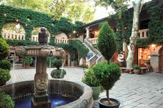 a fountain in the middle of a courtyard with potted plants and trees around it