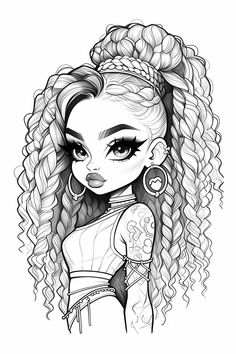 a black and white drawing of a girl with braids on her hair, wearing a topknot