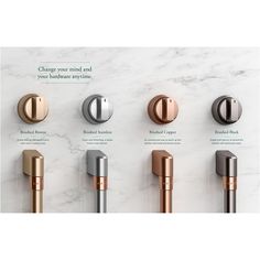 the different types of door knobs and handles on a white marble background with text