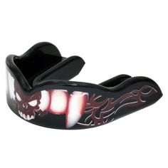 a black and red mouth guard with skulls on it