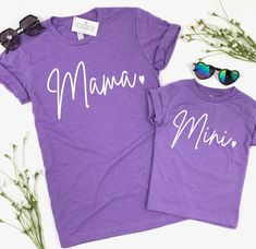 Mama and Mini Matching Shirt Set! Also available in Grandma, too! In this listing you can purchase the Mama, Mini, or Grandma design. Simply select your Design, select your Size, then Add to Cart for each shirt you would like to add. These tees make the cutest Mother Daughter matching sets and we use the softest tees made by Bella Canvas. Made of a soft blend of 60% ringspun cotton/40% polyester. Professionally screen printed. Shirt color is Heather Purple. Print color is White. Adult Shirts fit Matching Letter Print Cotton Top, Matching Cotton Tops With Letter Print, Cute Purple Top With Letter Print, Mother's Day Matching Cotton Tops, Cute Short Sleeve Tops For Mother's Day, Fun Cotton Shirt For Mother's Day, Matching Cotton Tops For Mother's Day, Purple Crew Neck Top With Name Print, Fun Purple Cotton Tops