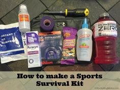 the contents of a sports survival kit laid out on a tile floor with text overlay that reads how to make a sports survival kit