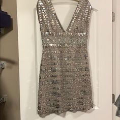 Iridescent And Silver Sequin And Beading Adorn This Scala Cocktail Dress. Never Been Worn. Immaculate Condition!! V Plunge Detail On Front And Back Of Dress. Champagne/Tan Color. Fully Lined. 100% Silk Shell, And Liner Is 100% Polyester. New With Tags!! Size Believed To Be An 8-10, But Not Marked. Dress Champagne, Silver Sequin, Tan Color, Beading, Colorful Dresses, Champagne, Sequin, Cocktail Dress, Size 10