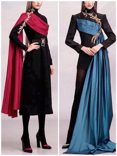 Queen Dress With Cape, Winter Formal Dresses Elegant, Colorful Fashion Runway, Unique Outfit Designs, Feminine Fantasy Outfits, Dnd Style Clothes, Modern Fantasy Clothing Casual, Fantasy Traditional Clothing, Villainess Outfit Ideas