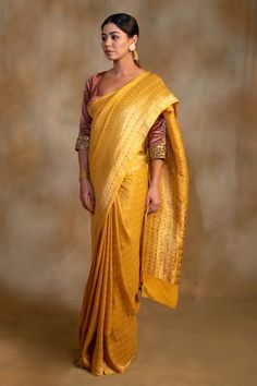 Canary yellow silk georgette banarasi saree with pattidaar handcrafted pattern. Comes with an unstitched blouse. - Aza Fashions Transitional Yellow Chanderi Pre-draped Saree, Transitional Season Yellow Pre-draped Saree, Yellow Pre-draped Saree With Resham Embroidery For Transitional Seasons, Yellow Semi-stitched Pre-draped Saree For Transitional Season, Transitional Yellow Semi-stitched Pre-draped Saree, Transitional Semi-stitched Yellow Pre-draped Saree, Fitted Yellow Pre-draped Saree With Zari Weaving, Transitional Yellow Pre-draped Saree With Pallu, Yellow Handloom Pre-draped Saree For Wedding