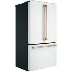 a white and black refrigerator freezer with two gold pulls on it's doors