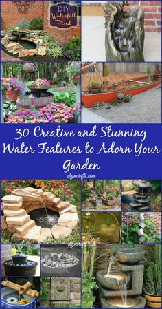 the cover of an article about water features to adorn your garden, with pictures of various