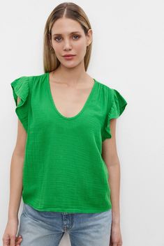 Our favorite type of hybrid, the mix of textured cotton gauze on the front, combined with a rear panel in our vintage-soft slub knit. The exaggerated scoop to the neckline, plus the wider silhouette lend a perfect spring vibe. Textured Top For Spring Layering, Spring Green Tops With Crinkle Texture, Green Crinkle Texture Top For Spring, Green Crinkle Texture Tops For Spring, Chic Cotton Tops With Crinkle Texture, Casual Textured Summer Blouse, Spring Cotton Top With Crinkle Texture, Spring Cotton Crinkle Texture Top, Casual Tops With Crinkle Texture For Layering