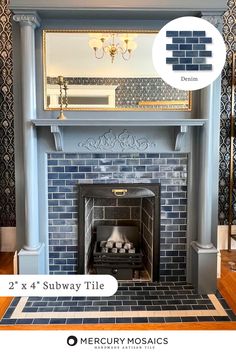 the fireplace is painted blue with gold trimmings and has a mirror above it