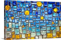 an abstract painting with blue and yellow squares