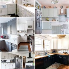 several pictures of different kitchen cabinets and appliances