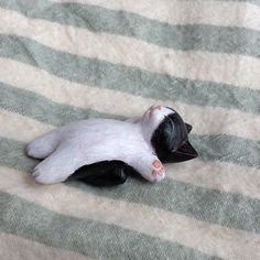 a small black and white cat laying on top of a striped bed sheet with it's eyes closed