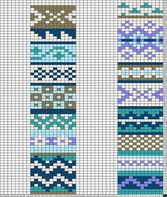 two cross stitch patterns with different colors and designs on them, one is blue and the other is brown