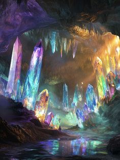 an artist's rendering of the inside of a cave filled with crystal rocks and water