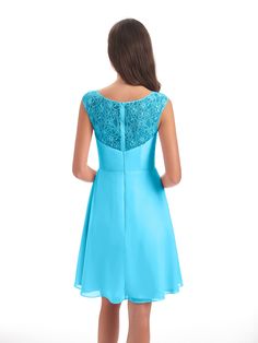 a woman in a short blue dress back view