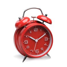 an alarm clock with two red hands on a white background