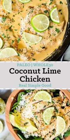 two pictures of chicken with coconut sauce and limes