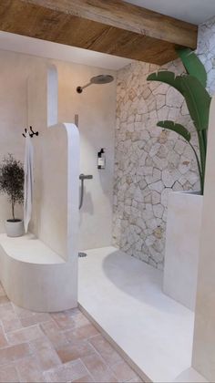 a modern bathroom with stone walls and flooring is pictured in this image, there are two planters on either side of the walk - in shower