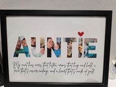 a framed photo with the word annte written in cursive writing on it