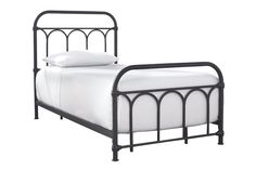 an iron bed frame with white sheets and pillows on it, against a white background