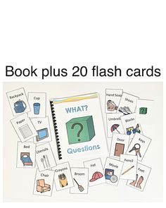 book plus 20 flash cards with the words what? and other items on it, including books