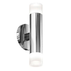 a chrome wall light with a white glass shade on the top and bottom half of it