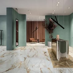 a room with green walls and marble flooring