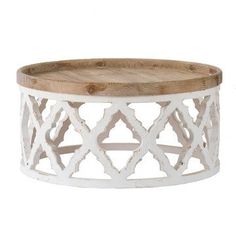 Ode 32 Inch Coffee Table, Round, Quatrefoil Lattice Design, Brown, White By Casagear Home Shabby Chic Coffee Table, White Round Coffee Table, Round Wooden Coffee Table, White Coffee Table, Living Room Furniture Styles, Chic Coffee Table, Drum Coffee Table, Round Wood Coffee Table, A&b Home