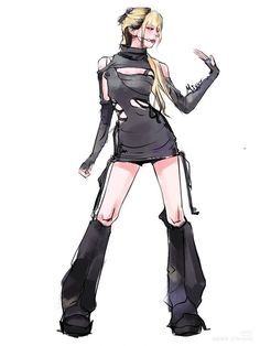 a drawing of a woman with long hair wearing black clothes and high heeled boots