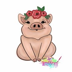 a pig with flowers on its head sitting down