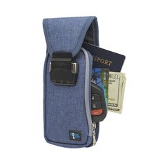 a passport, camera and wallet in a blue pouch on a white background with clippings