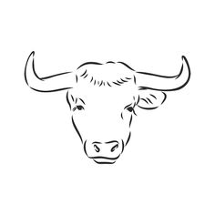 a cow's head with horns drawn in black ink on a white background illustration