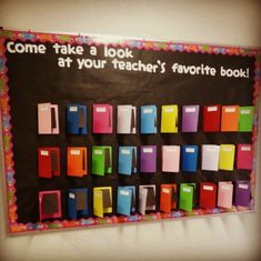 a bulletin board with colorful folders on it and the words come take a look at your teacher's favorite book