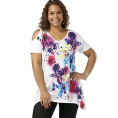 Plus Size Cold Shoulder Splatter Paint T-shirt - White - 3C24030613 - Women's Clothing, Plus Size Women's Clothing  #PlusSizeWomensClothing #Women's #Clothing # #Plus #Size #Women's #Clothing Paint T Shirt, Splatter Paint, Autumn T Shirts, Fashion Plus Size, Trendy Plus Size Clothing, Paint Print, Plus Size Womens Clothing, Women Shirts Blouse, Fashion Seasons