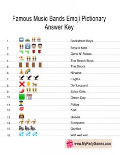 the famous music bands emoj dictionary is shown in this graphic above it's answer key