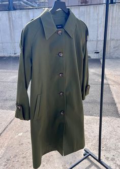 Trench Coat - Olive Green Cool Trench Coat, Olive Button-up Outerwear, Olive Green Trench Coat, Olive Military Style Button-up Outerwear, Luxury Olive Single-breasted Outerwear, Olive Trench Coat, Olive Military Cotton Outerwear, Green Trench Coat, Jeans High Waisted