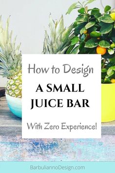 a small juice bar with lemons and pineapples on the counter, next to a potted plant